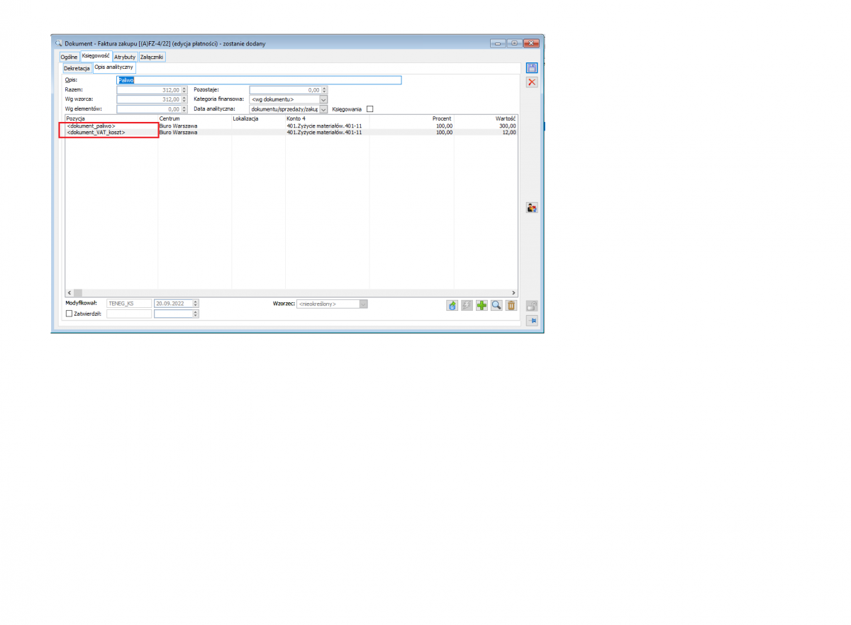 Konfiguracja jednego schematu księgowego do kosztów i zakupu paliwa ...